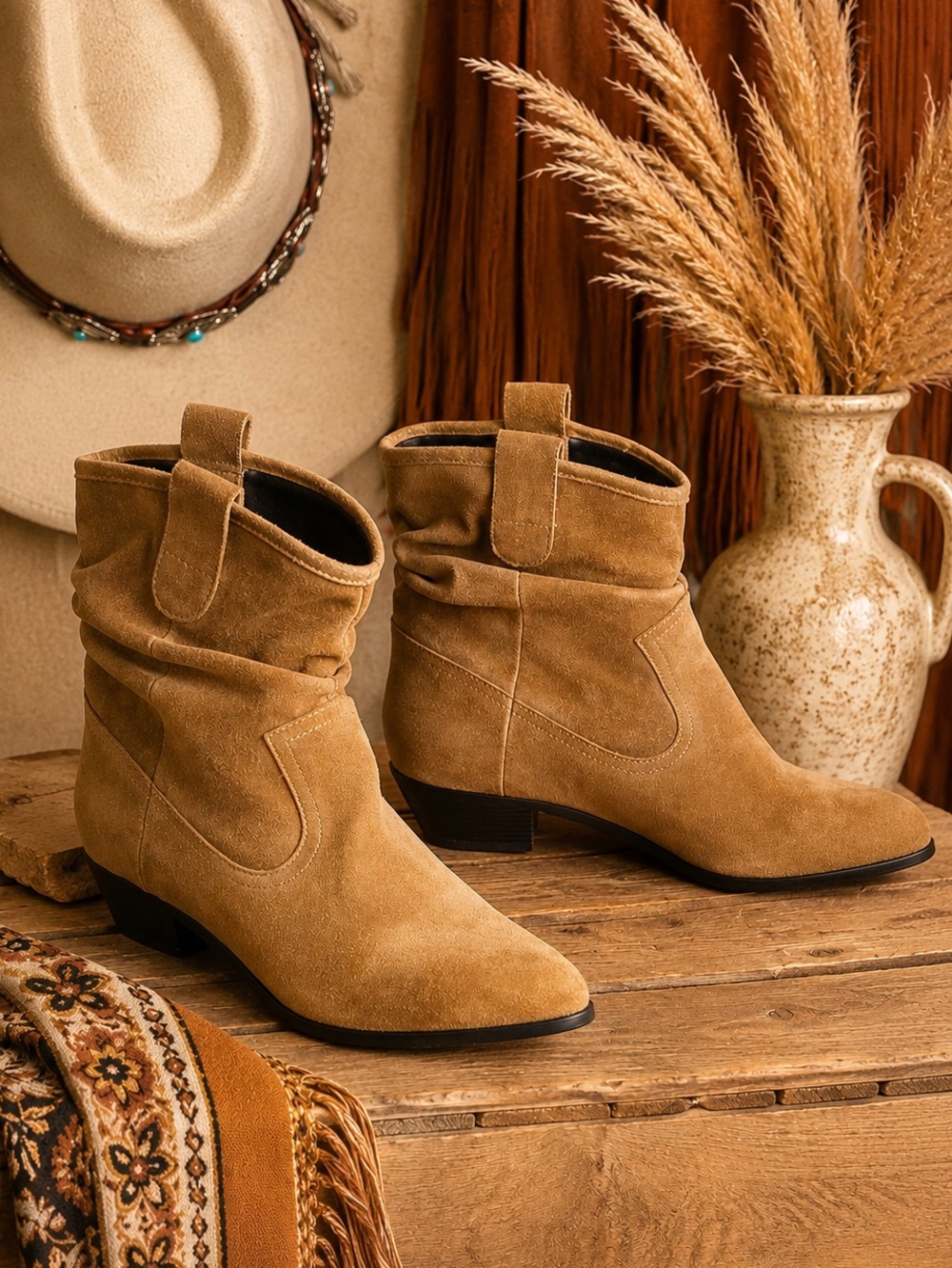 Anthropologie Tan Suede Western Slouch‎ Booties EU 38 Boho Cowboy Ankle Boots